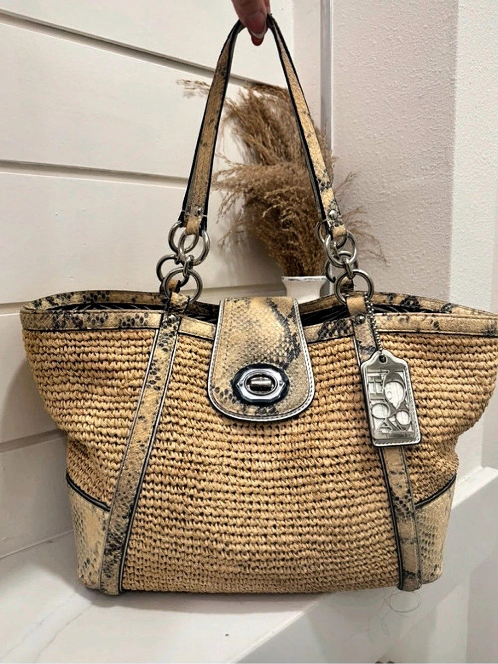 Coach Hamptons Straw Python Turnlock Tote Brown made in 2011